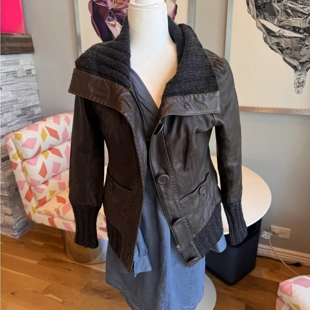 Mackage brown leather jacket size M with big buttons and zipper and knit accents
